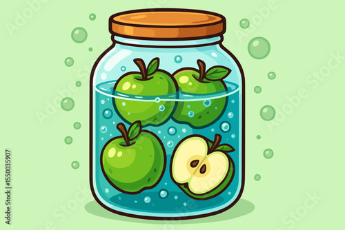Fresh green apples soaking in clear water inside glass jar. Detox beverage concept. Cartoon vector illustration. Healthy fruit drink, refreshing summer detox, hydration, bubbles, wellness design