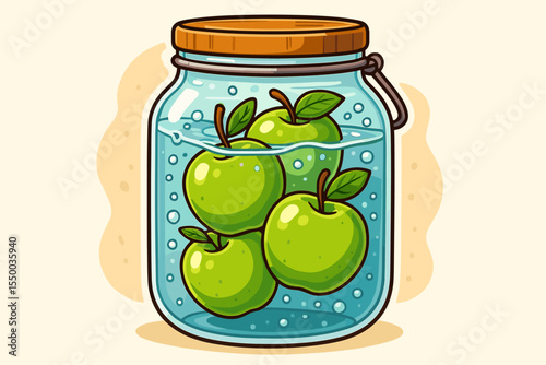 Fresh green apples soaking in clear water inside glass mason jar, detox hydration, healthy organic fruit beverage concept, vector cartoon illustration, refreshing drink ingredients, no text