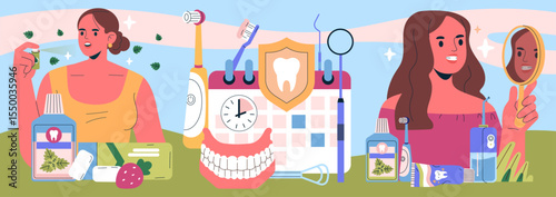 Daily Dental Care Routine and Self-Care Vector Illustration