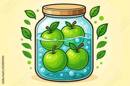 Fresh green apples soaking in water jar, detox drink concept. Vector cartoon illustration of apples in glass, healthy organic fruit beverage, leaves, bubbles, refreshing nutrition, natural cleanse