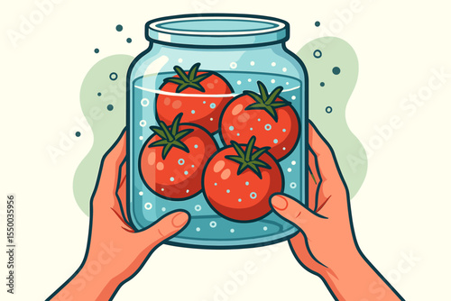 Fresh Summer Tomatoes in Brine Held by Female Hands in Glass Jar. Pickled Vegetable Preservation. Healthy Food Concept. Cartoon Vector. Organic Homemade Pickling. Vegetarian Vegan Nutrition