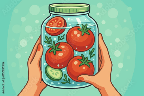 Fresh Tomatoes and Cucumber in Glass Jar Held by Female Hands. Vegetarian Pickling, Healthy Food, Detox, Preserving Vegetables, Botanical Illustration. Vector Cartoon Isolated Design