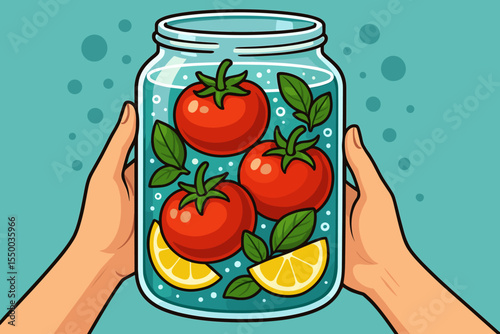 Vibrant Detox Drink Illustration with Ripe Tomatoes, Lemon Slices, and Fresh Basil Leaves Submerged in Glass Jar Held by Hands. Healthy Refreshment Concept. Vector Cartoon Art