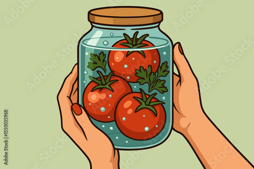 Fresh Pickled Tomatoes in Glass Jar Held by Woman Hands. Vector Cartoon Illustration of Homemade Preserved Vegetables, Organic Healthy Food, Canning, Cooking Ingredients, Kitchen Tradition