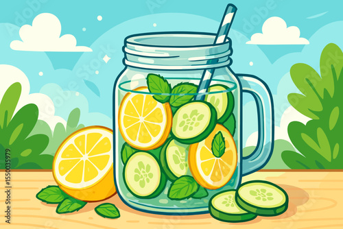 Refreshing detox water with lemon, cucumber, and mint in a mason jar. Healthy lifestyle concept with a fresh infused summer drink for diet, cleansing, and hydration. Vector cartoon.