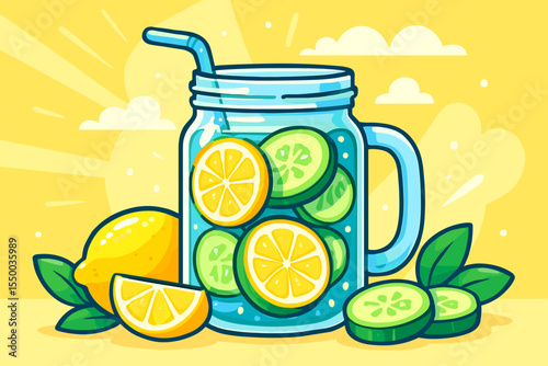 Refreshing detox water with lemon and cucumber in a glass mason jar. Healthy summer lemonade drink for diet and cleanse. Fresh infused water for hydration and wellness concept.