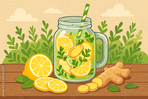 Fresh Lemon Ginger Detox Water with Herbs in Mason Jar on Wooden Table. Healthy Summer Drink. Vector Cartoon Illustration. Sliced Citrus, Ginger Root, Greenery, Outdoor Refreshment Concept