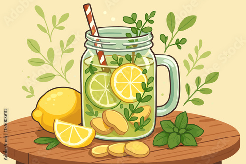 Refreshing ginger lemon detox water with mint and lime in a mason jar. Healthy homemade infused beverage for wellness and diet. Fresh summer drink cartoon vector illustration.