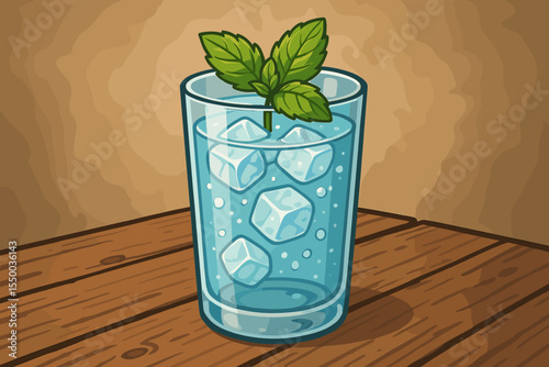 Refreshing glass of pure water with ice cubes and a fresh mint garnish. Cold beverage for hydration and wellness. Healthy lifestyle concept. Vector cartoon illustration on a rustic wooden table.