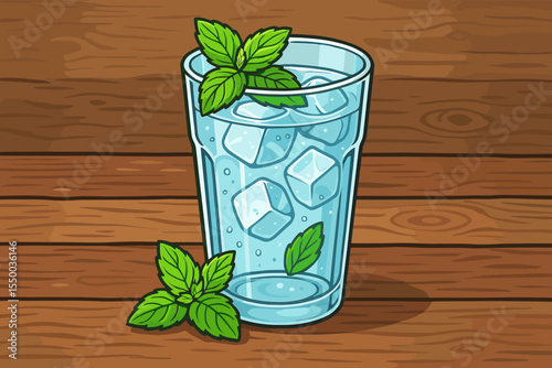 Refreshing glass of iced water with mint leaves and ice cubes on a rustic wooden table. Vector cartoon illustration. Cold summer drink, infused water for detox and hydration.