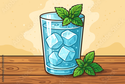 Refreshing glass of pure water with ice cubes and fresh mint garnish on a rustic wooden table. Cold summer beverage concept for hydration, health, and detox. Vector cartoon.