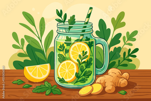 Detox water with ginger, lemon, fresh herbs in mason jar, wooden table background, healthy summer drink, organic beverage, vegan cold refreshment, cartoon vector illustration, herbal lemonade