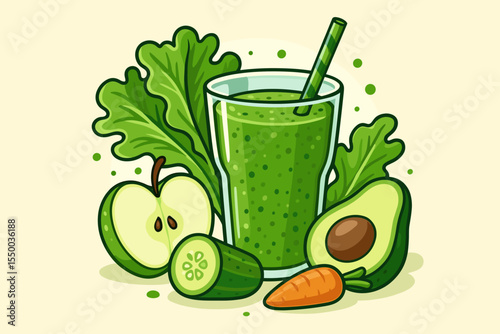 Healthy green smoothie for detox diet and weight loss. Fresh fruits and vegetables like avocado, apple, cucumber, carrot. Refreshing vegan drink concept. Vector cartoon illustration.
