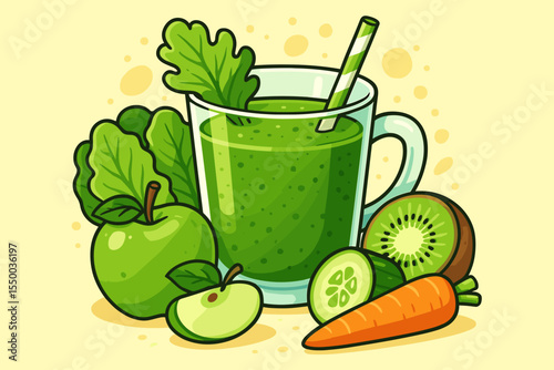 Healthy green smoothie vector illustration. Refreshing detox drink with fresh organic ingredients: apple, kiwi, carrot, cucumber, lettuce. Concept for diet, nutrition, vegan food. Cartoon.