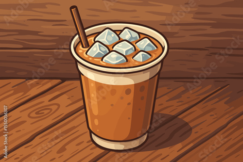 Refreshing milk tea or iced coffee in a paper cup with ice cubes on a rustic wooden background. Vector cartoon illustration of a cold beverage for a cafe or boba tea shop menu.