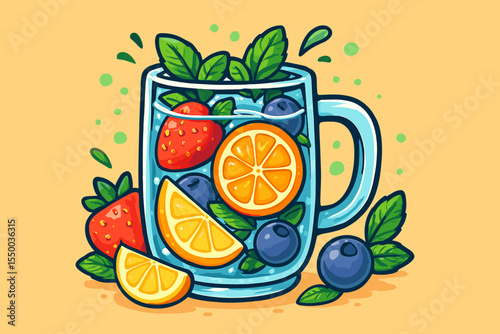 Fruit infused water vector cartoon illustration. Refreshing summer detox drink in a glass mug with strawberry, orange, blueberry, and mint. Healthy beverage for wellness and diet.