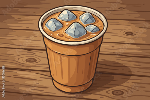 Refreshing Iced Milk Tea Drink in Disposable Paper Cup with Ice Cubes on Rustic Wooden Table. Delicious Sweet Beverage for Summer. Cartoon Vector Graphic.