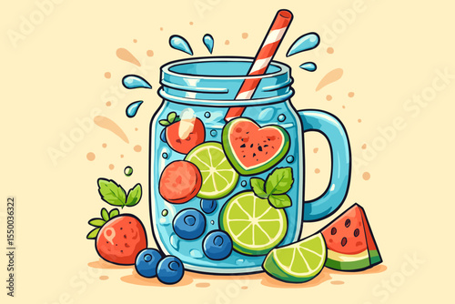 Refreshing summer detox water in a mason jar. Healthy fruit infused beverage with strawberry, lime, blueberry, watermelon, and mint. Vector cartoon illustration for a healthy lifestyle.