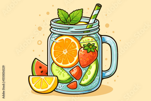 Fruit infused water in a glass mason jar mug. Healthy summer detox drink with fresh orange, strawberry, lemon, cucumber, and mint. Refreshing cold beverage cartoon vector illustration.