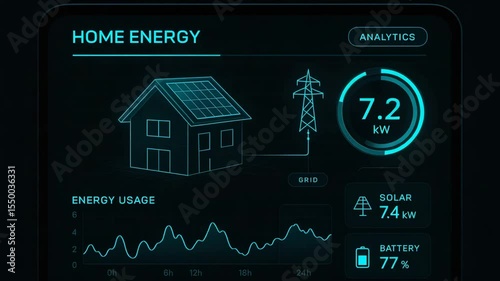 A digital interface displaying home energy analytics. It features solar power metrics, battery status, and energy usage data, emphasizing smart home technology and sustainability.