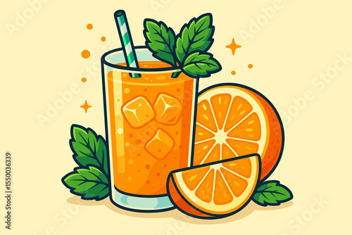 Glass of fresh orange juice with ice cubes, mint, and a straw. Healthy summer beverage concept. Cold citrus drink with fresh fruit slices. Vector cartoon illustration isolated.
