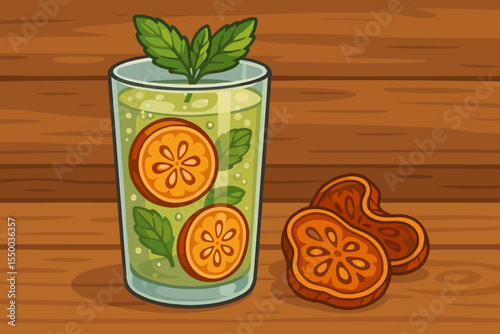 Refreshing quince water in a glass with dried quince slices and mint leaves on a wooden table. Healthy detox drink or bael fruit tea. Vector cartoon illustration for beverage menu.