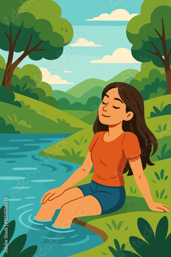 Woman relaxing by river, enjoying a tranquil nature escape. Young girl sits on the green bank, feet in the water. Concept of mindfulness, wellness, mental health, and serenity.