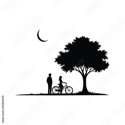 Romantic couple cycling together under a large tree silhouette