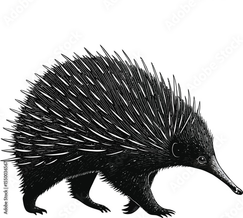 Black and White Echidna Illustration – Stylized Spiny Anteater Vector Art for Wildlife Designs