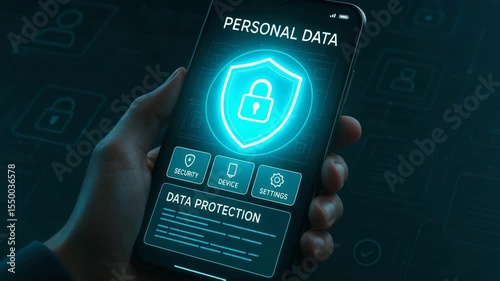 A close-up of a hand holding a smartphone displaying a secure personal data protection interface, highlighting modern cybersecurity features and user settings for privacy.