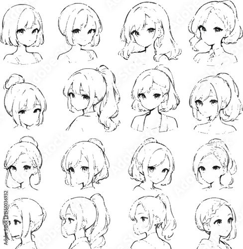 Vector art of collection of vector drawings showing various hairstyles for women isolated on white background