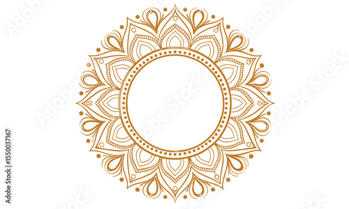 Intricate golden circular mandala design with floral elements and decorative patterns isolated on white background
