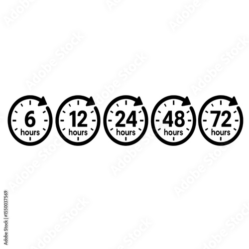 Time Interval Icons Set – 6, 12, 24, 48, 72 Hours Countdown Clock Symbols