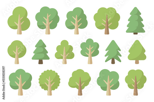 Collection of Flat Design Tree Icons in Various Shapes and Sizes