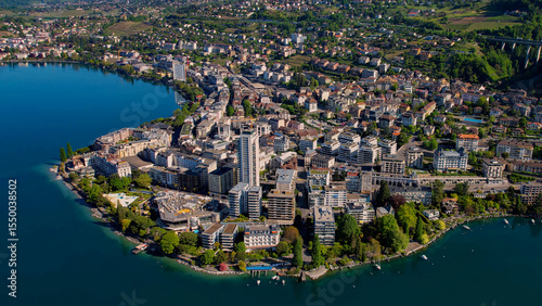 Fototapeta Naklejka Na Ścianę i Meble -  A panoramic aerial view around the old town of the city Montreux in Switzerland on a sunny spring noon