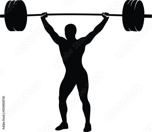 Silhouette, weightlifting, athlete, barbell, overhead, strength, power, gym, workout, lifting, fitness, exercise, motion, dynamic, black, white, isolated, training, body, building, sport, balance,