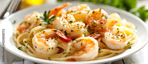 Panel kuchenny z motywem Shrimp Scampi with Linguine Pasta Garnished with Parsley and Red Peppers