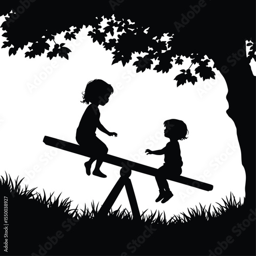 Children on Seesaw Silhouette Vector - Kids Playing in Park Illustration SVG