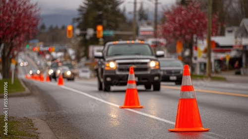 Bright orange traffic cones guide vehicles through a busy roadway marked by ongoing construction. A mix of cars moves carefully past the work area under cloudy skies.
