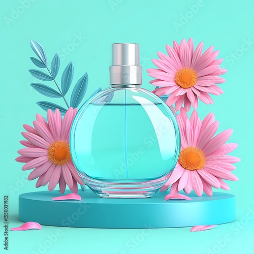 Perfume bottle, flowers, pastel colors