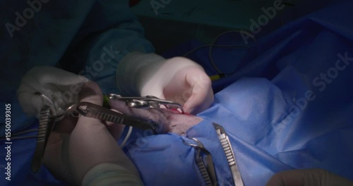 Fixing broken bone in a dog. Veterinary surgeons carefully perform accurate osteosynthesis, gracefully restoring a complex fracture in dog patients among a sterile operating room.