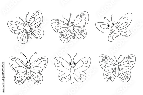 Butterfly outline  vector, Set of black Butterfly coloring page 