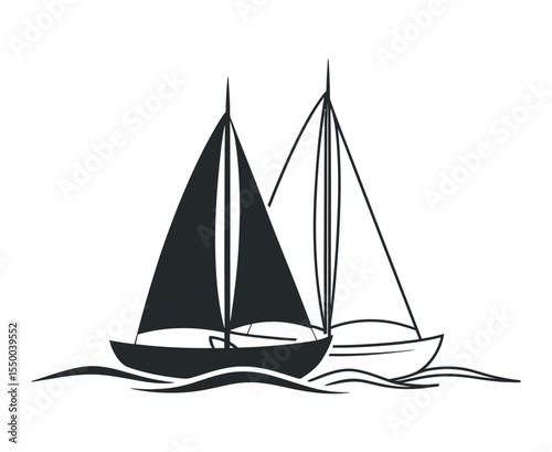 Two Sailboats on the Water Simple Black and White Illustration