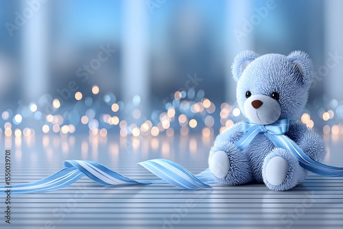 Baby blue teddy bear, soft lighting