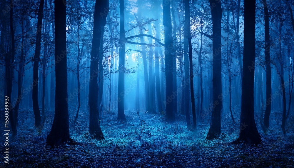 Naklejka premium mystical magical blue forest at night illuminated by glowing lights enchanting atmosphere