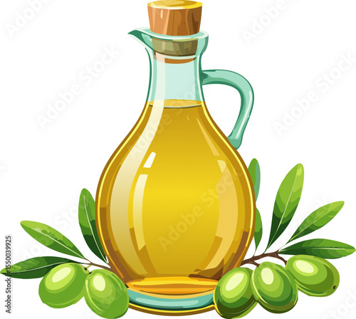 A bottle of olive oil, with fresh olives and olive leaves