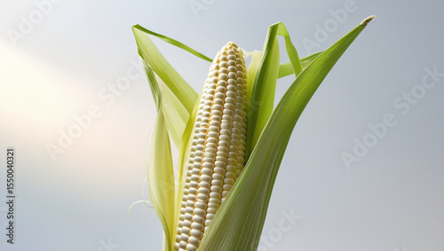 Peeled Fresh Corn on the Cob with Husk on White Background