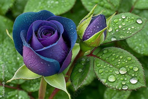 Deep purple rose with water droplets