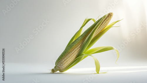 Peeled Fresh Corn on the Cob with Husk on White Background