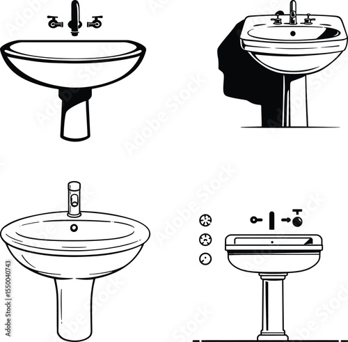 Bathroom Sink and Pedestal Basin Vector Set - Washbasin Line Art Illustrations SVG